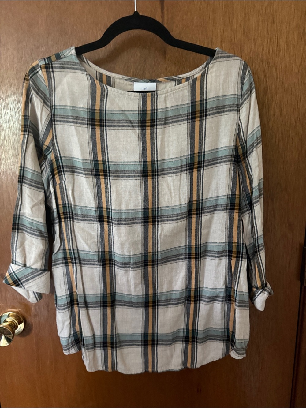 J. Jill Beige Plaid Tunic with Mustard and Sage Stripes